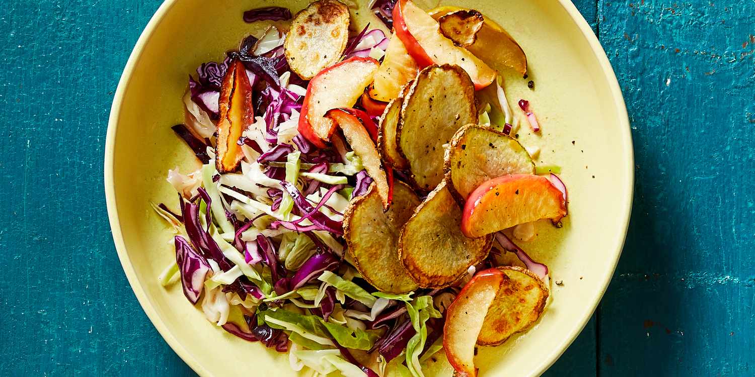 Maple-Cider Slaw with Air-Fried Apples and Potatoes Recipe
